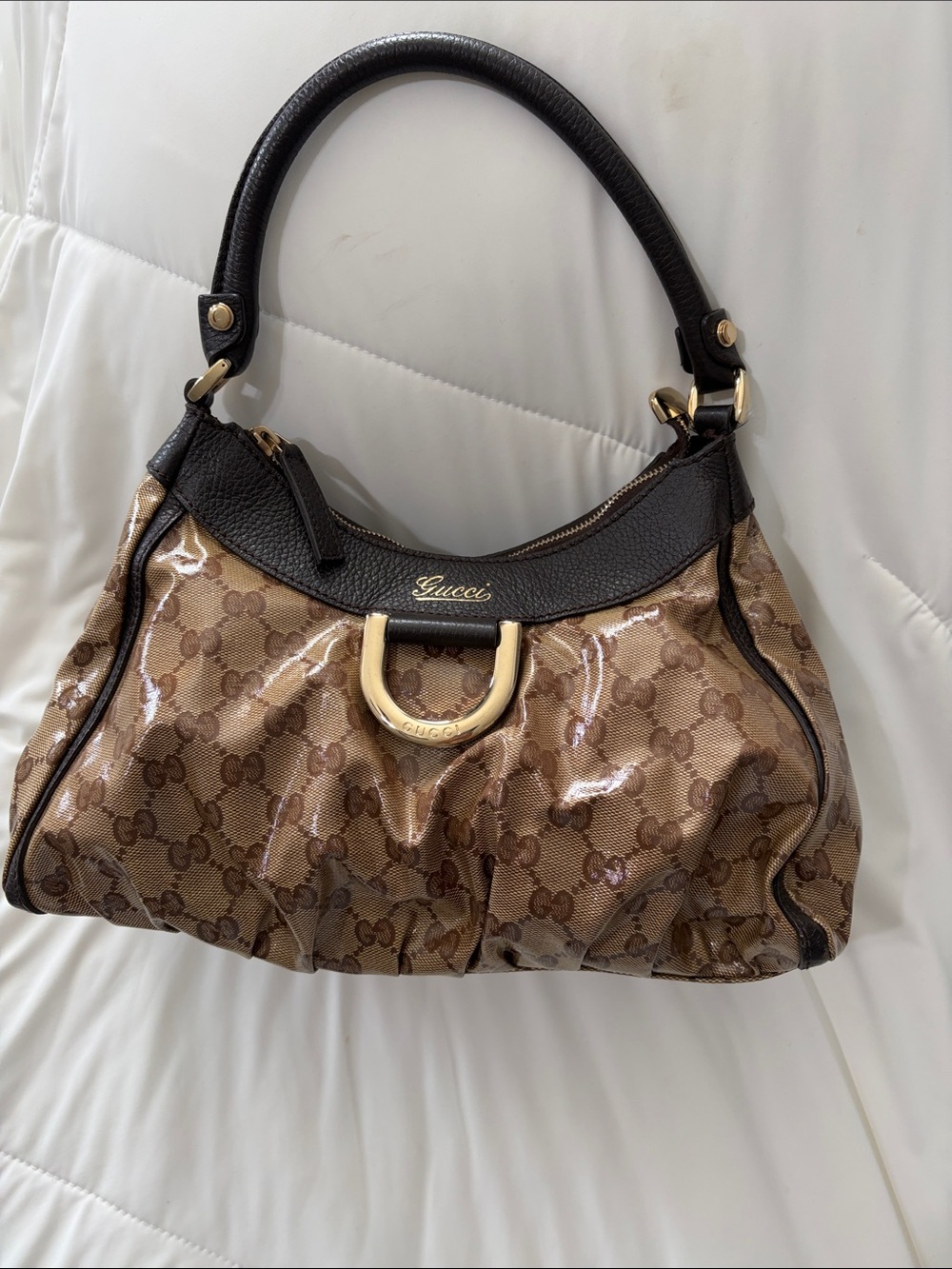 Gucci Brown GG Canvas Shoulder Bag with Black Leather Trim and Gold Hardware - Picture 3 of 6